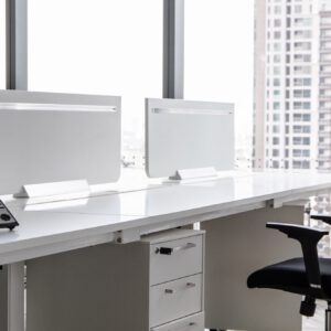A rental modern office with black and white design in a tall building at the city center